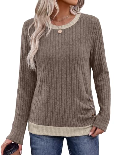 Sampeel Long Sleeve Shirts for Women Lightweight Sweaters Fall Tops - color: Brown, size: 2X