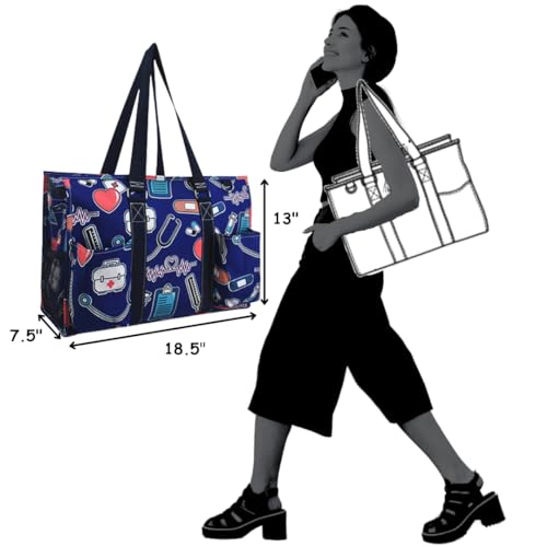 NGIL Work Tote Bag with Exterior Pockets - color: Ngil Zip-nurse Theme-navy