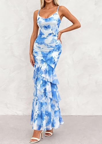 PRETTYGARDEN Women's Boho Floral Tiered Maxi Dress - color: Blue, size: Small