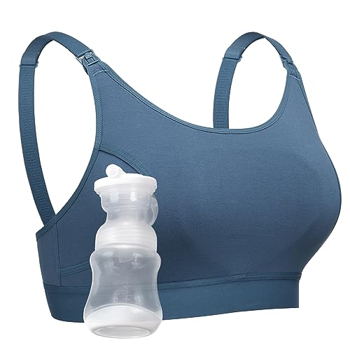 Momcozy Hands Free Pumping & Nursing Bra, Adjustable Cotton Breast Pump Bra - color: Blue, size: X-Large