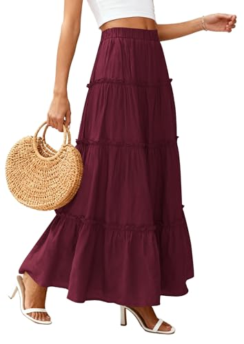 PRETTYGARDEN Women's Boho Tiered Ruffle Flowy Maxi Skirt - color: Burgundy, size: XX-Large