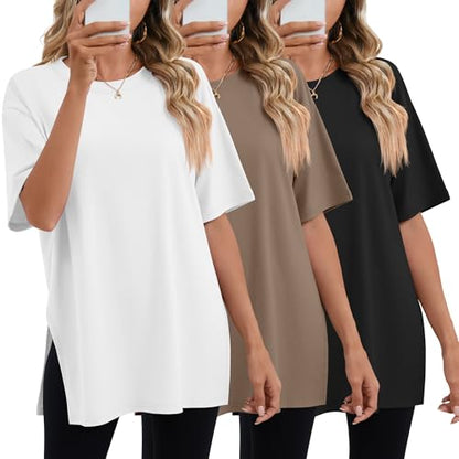 Huukeay 3 Pack Women's Oversized T Shirts Workout Tops - color: Black, White, Gray Brown, size: Small