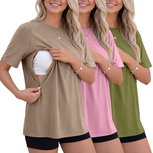 3 Pack Women's Oversized Nursing Tops - color: Light Khaki, Pink, Grass Green, size: Large