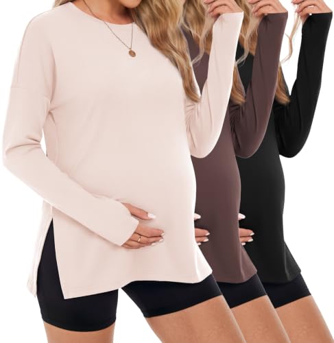 3 Pack Women Maternity Shirts Long Sleeve Pregnancy Tops with Thumb Hole - color: Black/Brown/Beige, size: Medium