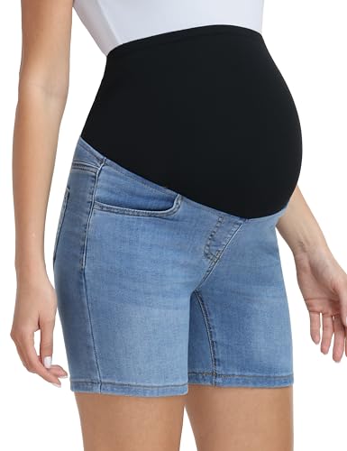 V VOCNI Maternity Jean Shorts Over The Belly Mid Thigh - color: 50-a-medium Blue, size: Medium