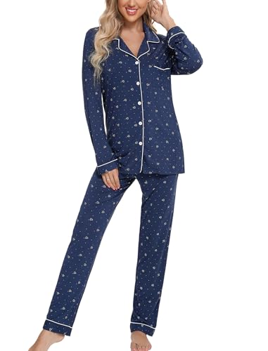 Leikar Button Up Pajamas For Women Long Sleeve Viscose Soft Pjs Lounge - color: Blue White Heart, size: XX-Large