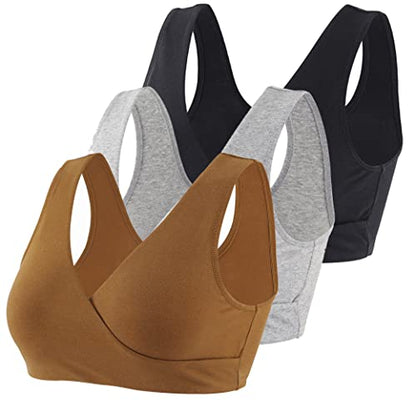KUCI Maternity Nursing Bra Wireless Cotton Breastfeeding Bra for Sleep - color: Black+grey+olive/3pack, size: Medium
