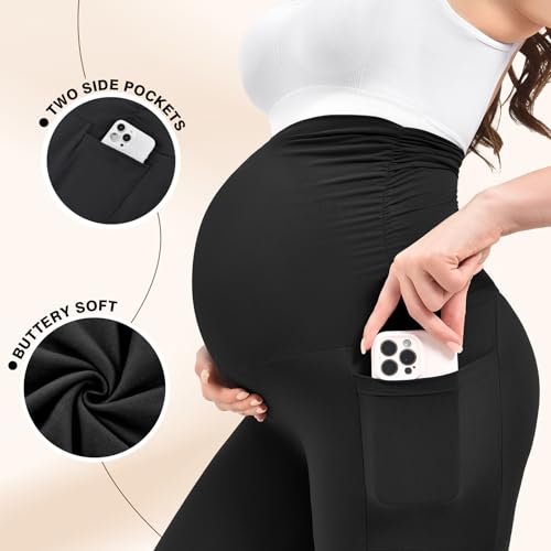 Ipletix Maternity Capris Leggings with Pockets Pregnancy Yoga Pants - color: Green, size: Small