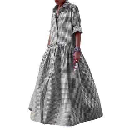 chouyatou Women's Retro Plaid Button Down Maxi Shirt Dress Long Sleeve Button Up Gingham Swing Long Dress - color: Black, size: Medium