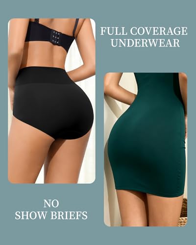 Eiggam Womens Tummy Control Underwear High Waisted Panty Full Coverage Ice Silk Briefs No show Shapewear Underwear Pack - color: Black A-4 Pack, size: Large