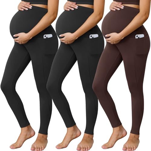 Buttergene 3 Pack Maternity Leggings with Pockets - color: Black*2/Coffee, size: XX-Large