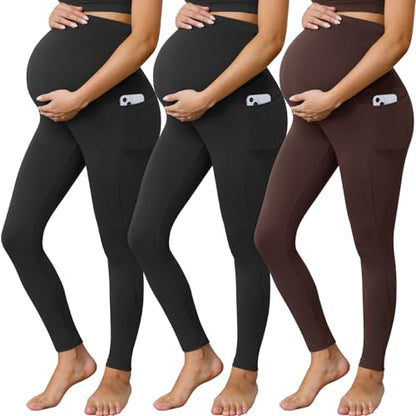 Buttergene 3 Pack Maternity Leggings with Pockets - color: Black*2/Coffee, size: XX-Large
