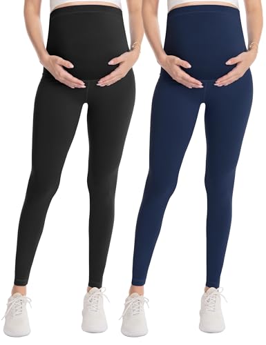 Over‑Belly Maternity Leggings, Soft Stretch Yoga Pants - color: 2 Packs-black/Navy, size: Small