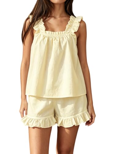 Women's Summer Pajama Set Cotton Ruffle Loungewear Sets - color: Yellow, size: X-Large