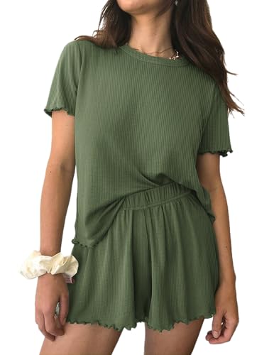 Ekouaer Womens Pajamas 2 Piece Ribbed Knit Pjs Short Sleeve Lounge Sets - color: Army Green, size: Medium