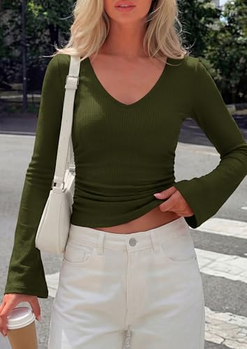 PRETTYGARDEN Womens Fall Cute Tops Bell Long Sleeve Shirts - color: Army Green, size: Medium