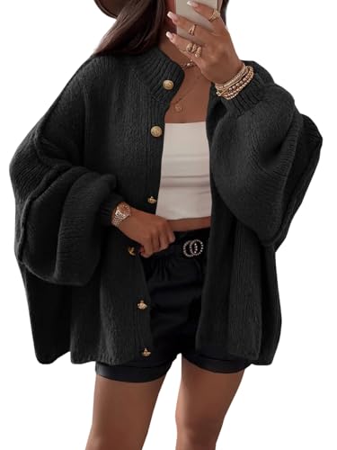Saodimallsu Womens Oversized Cardigans Long Lantern Sleeve Button Down Chunky Knit Loose Fall Sweater Coats - color: Black, size: X-Large