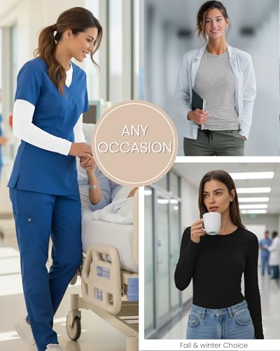 Oakgarden 5 Pcs Womens Long Sleeve Underscrub Shirt Crew Neck - color: Black, White, Light Mixed Gray, Periwinkle, Pink, size: Small
