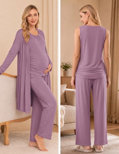 Women 3PCS Maternity Robe Sets Nursing Pajamas Postpartum Breastfeeding Pjs - color: Light Purple, size: Medium