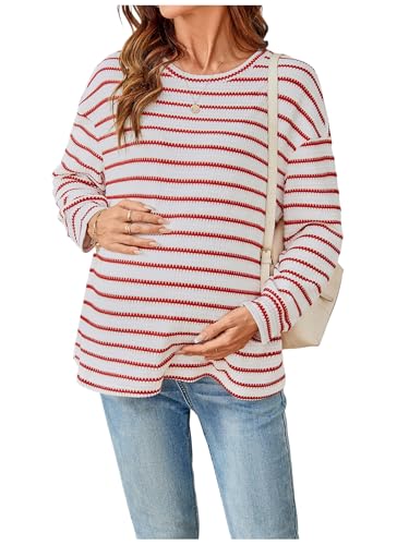 RoseSeek Women's Long Sleeve Crew Neck Maternity Sweatshirt Pullover Tops - color: Red and White, size: X-Large