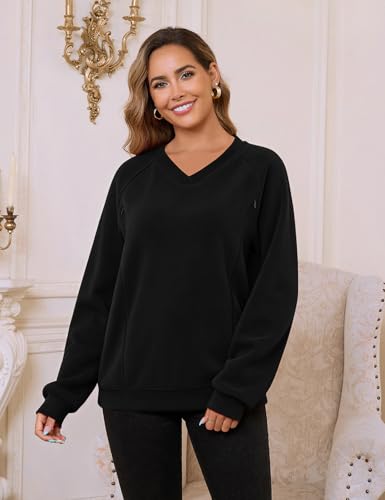 Bhome Fleece Breastfeeding Shirts Hidden Zipper Nursing Tops Pumping Friendly Sweatshirt Oversized Pullover with Pockets - color: Black, size: Medium