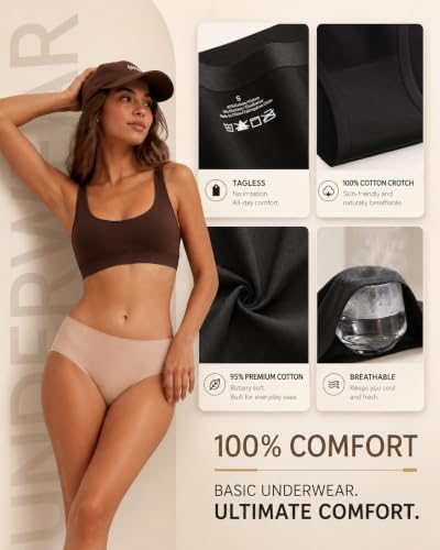 UNDER THE SEA Cotton Underwear Womens Breathable Mid Rise Panties 6 Pack - color: Classic Black*6, size: Large