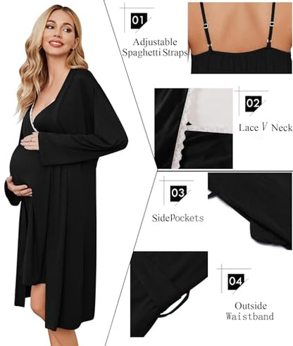 Ekouaer Nursing Nightgown and Maternity Robe Set Labor and Delivery Gown - color: A Black, size: Small