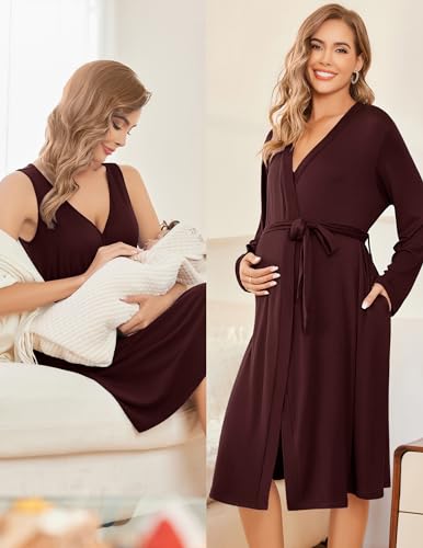 Ekouaer Maternity Nursing Gown and Robe Set Labor Delivery Nightgowns - color: Maroon, size: XX-Large
