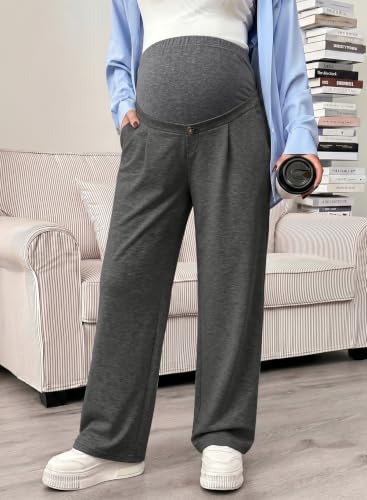 BLENCOT Maternity Pants Over Belly Stretchy Wide Leg Work Trousers - color: Gray, size: Medium