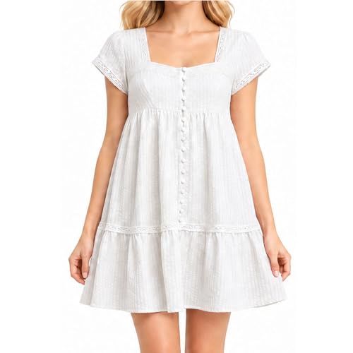 Womens Summer Square Neck Ruffle Hem Casual Babydoll Mini Dress - color: Ivory, size: Large