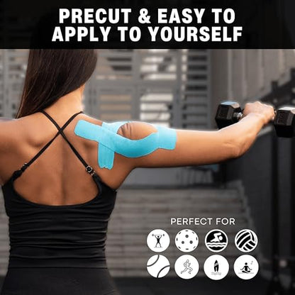 Kinesiology Tape for Shoulder | Waterproof, Sticks 7 Days, Precut Synthetic Material | K Tape for Shoulder Pain Relief & Support - Knees, Lower Back Pain, & Achilese (10 PCS | Black) - color: Black
