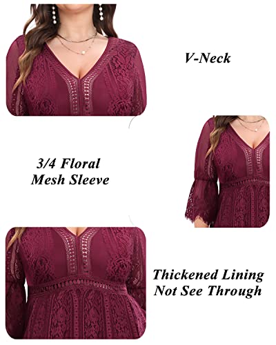 Plus Size Wedding Dresses Boho Lace Formal Bohemian Fall Long Dress - color: Burgundy, size: 14 Plus