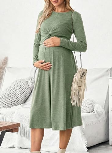 BLENCOT Maternity Nursing Midi Dress Twist Knot Pull Up Feed Postpartum - color: Grass Green, size: Medium