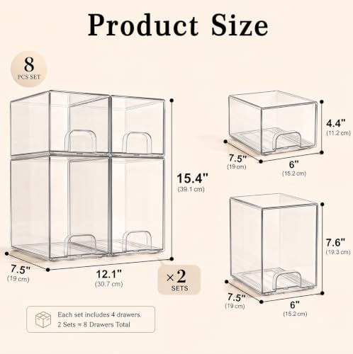 Clear Stackable Storage Drawers: Acrylic Organizer Bins 8 Pack - size: 8 Pack (4 Small+4 High)