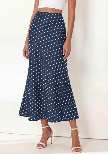 BTFBM Silk Midi Skirts for Women 2026 Summer Fall - color: Dot Navy White, size: XX-Large
