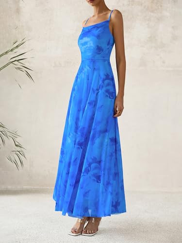 BTFBM Women Summer Maxi Dresses Elegant Wedding Guest Dress - color: Floral Blue, size: Medium