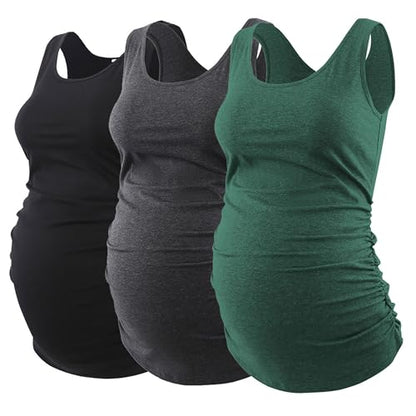 Ecavus 3 Pack Maternity Tank Tops Side Ruched Pregnancy Shirts for Women - color: Black/Dark Grey/Hunterbr, size: Medium