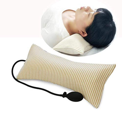 Inflatable Pillow Cushions, Height Adjustable Neck Cervical Head Support, Soft Portable Pillow with Pump for Car, Home, Office, Travel, Camping, Pillow Case Removable (Brown)