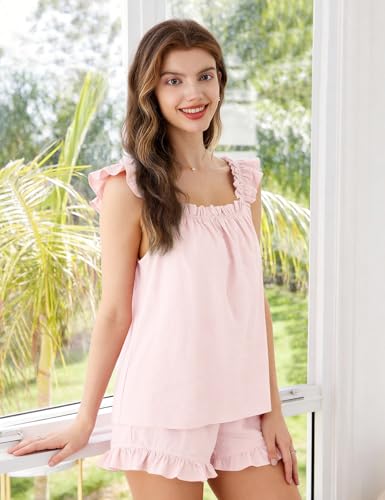 COZYPOIN Women's 2‑Piece Cotton Ruffle Bridal Pajama Set - color: Lightpink, size: Medium