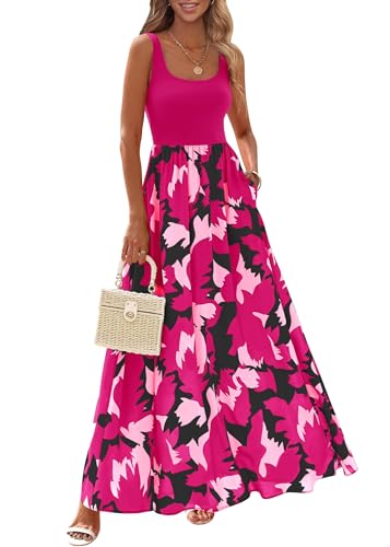 KIRUNDO Women's Summer Maxi Dress Boho Floral Long Sundress - color: Rose Red, size: Medium