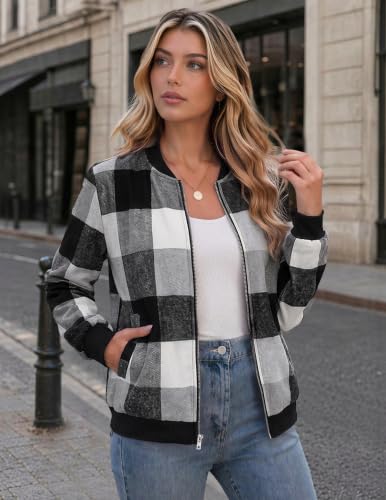 Zeagoo Jackets for Women 2026 Lightweight Bomber Jacket Plaid Flannel Coat - color: Black White Plaid- Gw39, size: Large