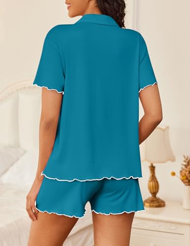 Ekouaer Womens Pajama Sets Button Up Pjs Shorts Set Soft Sleepwear S-XXL - color: Blue Green, size: Medium