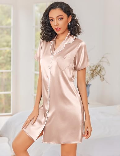 Ekouaer Silk Nightgowns for Women Satin Sleep Shirts Button Down Nightshirt - color: Champagne, size: Medium