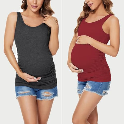 Ecavus 3 Pack Maternity Tank Tops Side Ruched Pregnancy Shirts for Women - color: Black/Wine Red/Dark Grey, size: Small