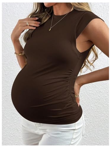 MakeMeChic Women's Maternity Shirts Summer Crew Neck Ruched Sleeveless Fitted Pregnancy Tops - size: X-Large