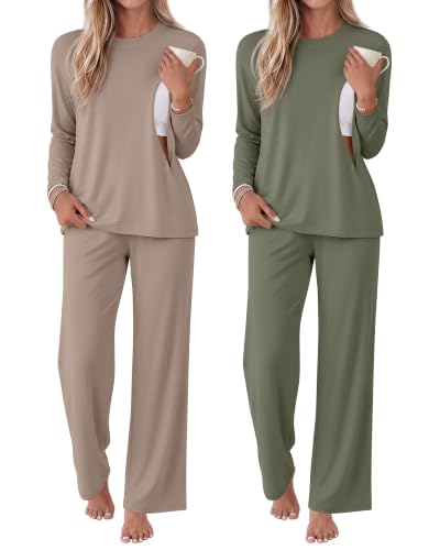 2 Pack Maternity Nursing Pajamas Postpartum Sets - color: Camel, Army Green, size: Small