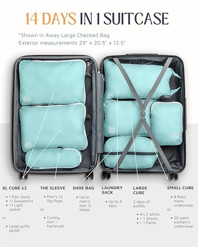 TRIPPED Travel Gear Large Compression Packing Cubes 7-Piece Set for Travel - color: DustyTeal/White