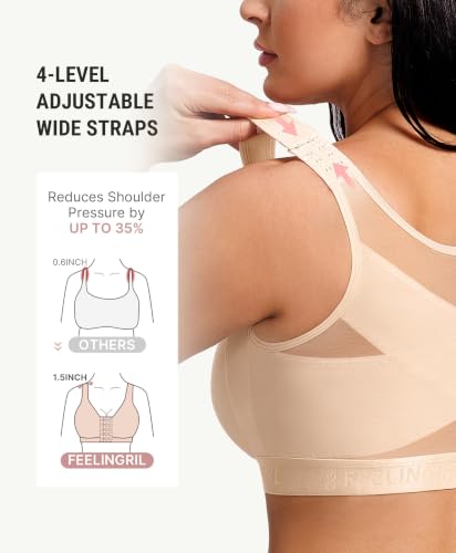 FeelinGirl Front Closure Post Surgery Compression Bra with Adjustable Straps Wireless Breast Augmentation Post Op Bras - color: Beige, size: X-Large
