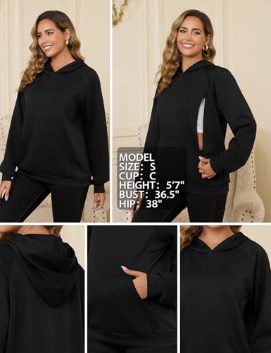 Nursing Sweatshirt Hoodie for Breastfeeding with Hidden Zippers Maternity Breast Pumping Tops Kangaroo Pocket - color: Black, size: Large