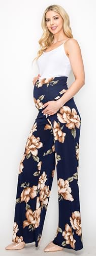 My Bump Women's Maternity Casual Bohemian Damask Palazzo Pants W/Tummy Control - color: Navy, size: Medium